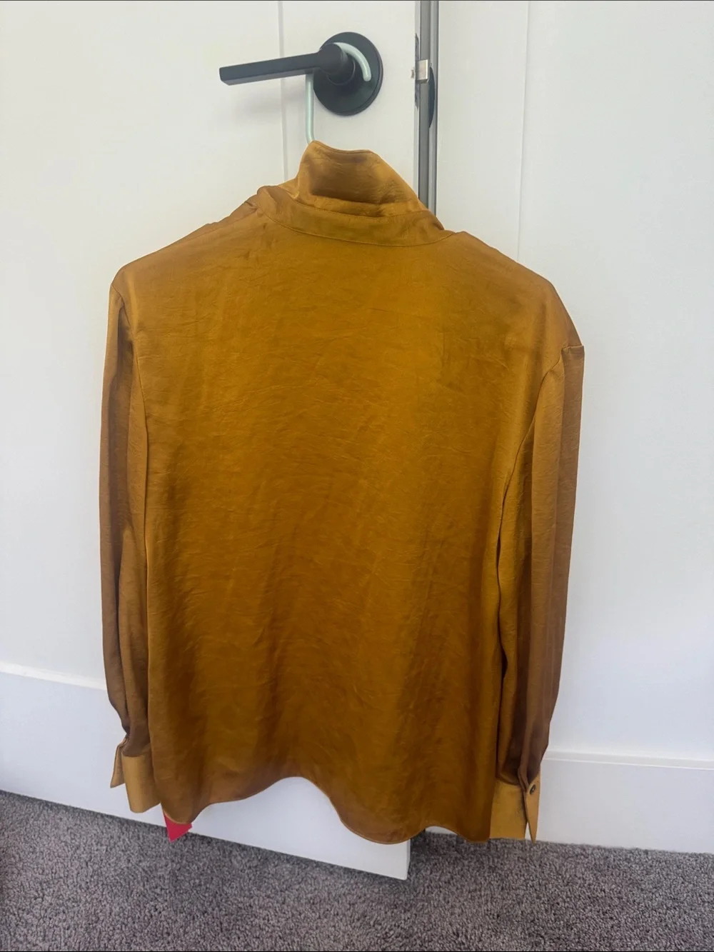 Theory Satin Split-Neck Blouse in Mustard